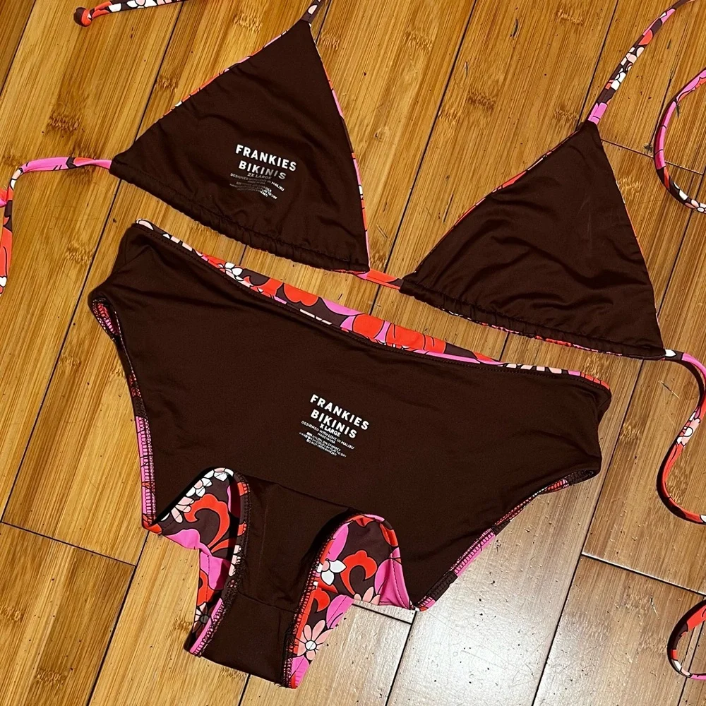 Frankie’s Bikinis Tropics Tia String Bikini Top 2XL Jenna High Waist Bottom XL